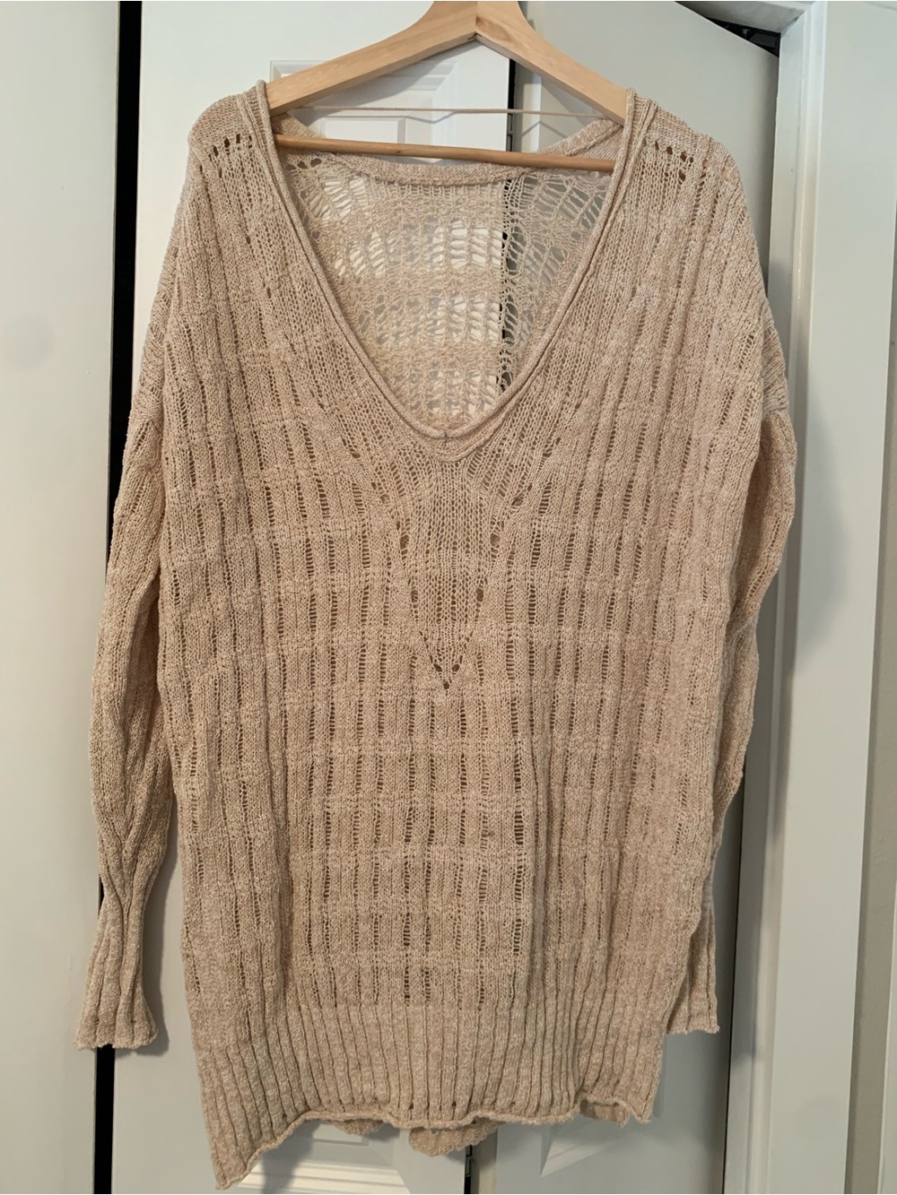 Free People V-Neck Open Knit Sweater - Beige